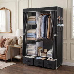 Black Portable Wardrobe Closet Non Woven Fabric Clothes Storage Cabinet With Cover - thumbnail 4