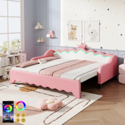 Matteo Led Crown Daybed With Pull-Out Trundle - Single Sofa Bed Frame In Cream & Pink Pu Leather