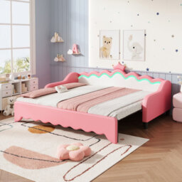 Matteo Led Crown Daybed With Pull-Out Trundle - Single Sofa Bed Frame In Cream & Pink Pu Leather - thumbnail 4