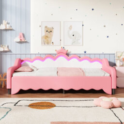 Matteo Led Crown Daybed With Pull-Out Trundle - Single Sofa Bed Frame In Cream & Pink Pu Leather - thumbnail 5