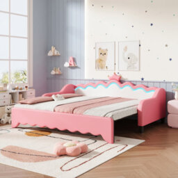 Matteo Led Crown Daybed With Pull-Out Trundle - Single Sofa Bed Frame In Cream & Pink Pu Leather - thumbnail 3