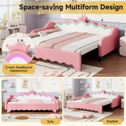 Matteo Led Crown Daybed With Pull-Out Trundle - Single Sofa Bed Frame In Cream & Pink Pu Leather - thumbnail 6