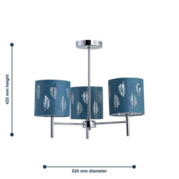 First Choice Lighting Brea - Chrome 3 Light Fitting With Teal Fern Shades - thumbnail 5