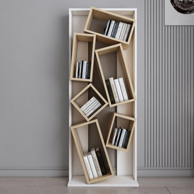 Decorotika Carmen Assymetrical Design Bookshelf, Shelving Unit, Display Unit With 6 Shelves White & Sapphire Oak - image 1