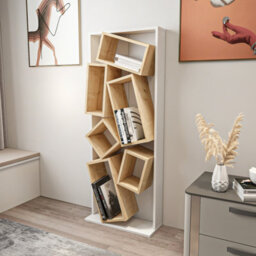 Decorotika Carmen Assymetrical Design Bookshelf, Shelving Unit, Display Unit With 6 Shelves White & Sapphire Oak - thumbnail 3