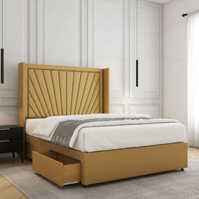 REGIONAL FURNISHINGS Mustard Plush Velvet Divan Bed Set Upholstered 54Inch Headboard 2Drawersfootend & Mattress In Double King 4Ft 6Ft Sizes - image 1