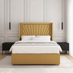 REGIONAL FURNISHINGS Mustard Plush Velvet Divan Bed Set Upholstered 54Inch Headboard 2Drawersfootend & Mattress In Double King 4Ft 6Ft Sizes - thumbnail 2