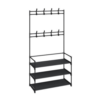 Coat Hat Stand 8 Hooks Metal Storage Shoe Rack 3Tier Fabric Shelf Clothes Hanger - image 1