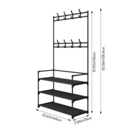 Coat Hat Stand 8 Hooks Metal Storage Shoe Rack 3Tier Fabric Shelf Clothes Hanger - thumbnail 2