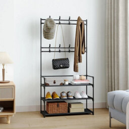 Coat Hat Stand 8 Hooks Metal Storage Shoe Rack 3Tier Fabric Shelf Clothes Hanger - thumbnail 6