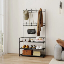 Coat Hat Stand 8 Hooks Metal Storage Shoe Rack 3Tier Fabric Shelf Clothes Hanger - thumbnail 5