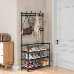 Coat Hat Stand 8 Hooks Metal Storage Shoe Rack 3Tier Fabric Shelf Clothes Hanger - thumbnail 4