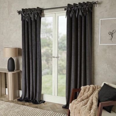 "Ohs Pair Of Bow Décor Velvet Eyelet Curtains Ready Made, Grey - 66 X 90""" - image 1