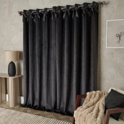 "Ohs Pair Of Bow Décor Velvet Eyelet Curtains Ready Made, Grey - 66 X 90""" - thumbnail 2
