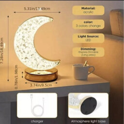 Table Lamp Crystal Night Light Moon Shape Usb Rechargeable Bedside Lamp Decor - thumbnail 2
