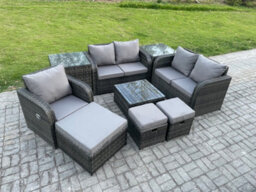 Fimous Pe Rattan Garden Furniture Sets Outdoor Love Sofa Chair Set Square Coffee Table 2 Side Tables 3 Footstools - thumbnail 2