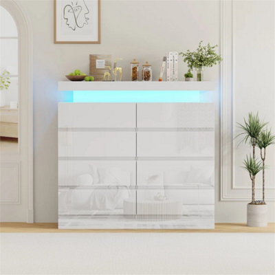 8 Drawer White High Gloss Bedside Table Cabinet Led Rgb Light Storage - image 1