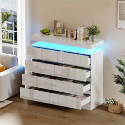 8 Drawer White High Gloss Bedside Table Cabinet Led Rgb Light Storage - thumbnail 4