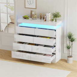 8 Drawer White High Gloss Bedside Table Cabinet Led Rgb Light Storage - thumbnail 3