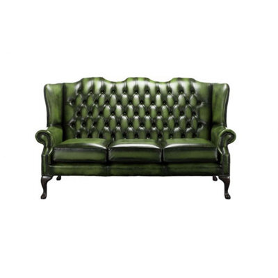 Chesterfield 3 Seater High Back Antique Green Real Leather Sofa In Mallory Style - image 1