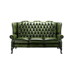 Chesterfield 3 Seater High Back Antique Green Real Leather Sofa In Mallory Style - thumbnail 1