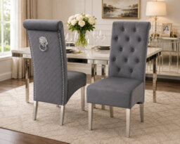 Stratus Interiors Emma Tall Lion Knocker Velvet Dining Chair - Chrome Legs - Button Stud Detailing - Grey Crush Velvet - 1 Piece - thumbnail 6