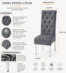 Stratus Interiors Emma Tall Lion Knocker Velvet Dining Chair - Chrome Legs - Button Stud Detailing - Grey Crush Velvet - 1 Piece - thumbnail 3