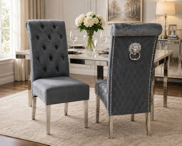 Stratus Interiors Emma Tall Lion Knocker Velvet Dining Chair - Chrome Legs - Button Stud Detailing - Grey Crush Velvet - 1 Piece - thumbnail 5