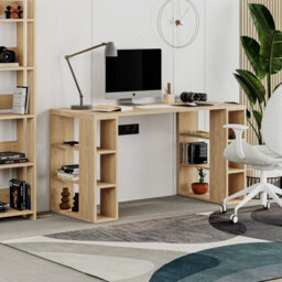 Decortie Colmar Modern Desk With Integrated 6-Shelf Bookshelf Storage Oak Width 140Cm