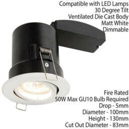 Fire Rated Gu10 Lamp Ceiling Down Light White Push Fit Fast Fix Adjustable Tilt - thumbnail 2