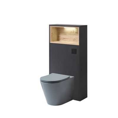 Homestylestore 600mm Black Grey Floorstanding Bathroom Wc Unit Led Lit Shelf Pebble Toilet And Black Flush Button - image 1