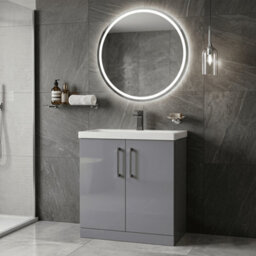 Balterley Bramshall Contemporary Bathroom Floor Standing 2-Door Vanity Unit & Mid-Edge Basin, Satin Grey, 800mm - thumbnail 3