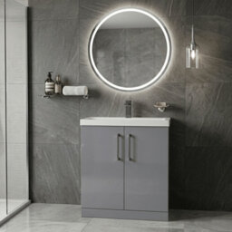 Balterley Bramshall Contemporary Bathroom Floor Standing 2-Door Vanity Unit & Mid-Edge Basin, Satin Grey, 800mm - thumbnail 2