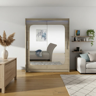 Westa Xii 150 Cm Mirrored Sliding Sonoma Wardrobe Spacious Modern Storage With Shelves Hanging Space And Rgb Led Colorful - image 1
