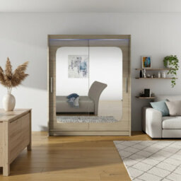 Westa Xii 150 Cm Mirrored Sliding Sonoma Wardrobe Spacious Modern Storage With Shelves Hanging Space And Rgb Led Colorful - thumbnail 1