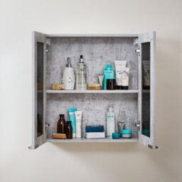 Homestylestore 600 X 650mm Concrete Grey Wall Mounted Mirrored Door Bathroom Cabinet And Chrome Finger Pull Handles - thumbnail 2