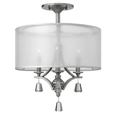 Elegant 3 Bulb Semi-Flush Mount Light With Crystal Accents And Double Shades In Brushed Nickel