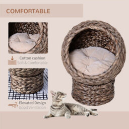 Pawhut Wicker Cat House, Raised Cat Bed With Cushion, 42 X 33 X 52Cm, Dark Brown - thumbnail 4