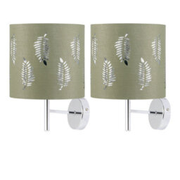 First Choice Lighting Set Of 2 Brea - Chrome Wall Lights With Sage Green Fern Shades