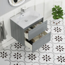 Royal Bathrooms Elmore 600mm Traditional Wall Hung 2 Drawer Bathroom Vanity Unit With Sintered Stone Basin Sink - Matt Pebble Grey - thumbnail 5