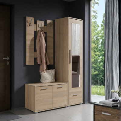 Hit Hallway Furniture Set Modern Entrance Storage With Wardrobe Shoe Cabinet Shelves And Mirror Durable Laminated Board Sonoma - image 1