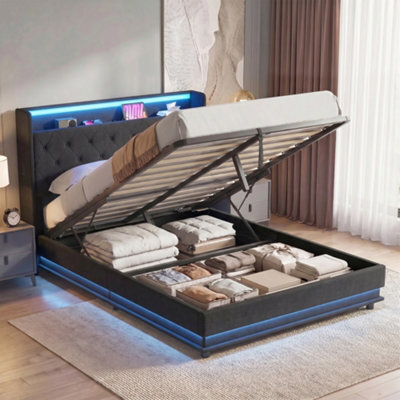 Homcom Lift Up Storage Bed Frame With Rgb Led Lights, 135 X 190Cm, Black - image 1