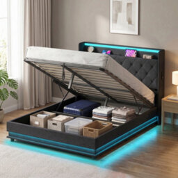 Homcom Lift Up Storage Bed Frame With Rgb Led Lights, 135 X 190Cm, Black - thumbnail 2
