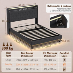 Homcom Lift Up Storage Bed Frame With Rgb Led Lights, 135 X 190Cm, Black - thumbnail 3