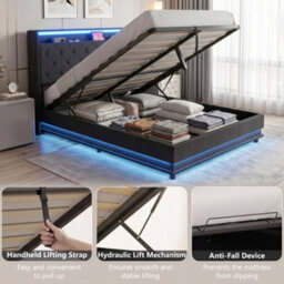 Homcom Lift Up Storage Bed Frame With Rgb Led Lights, 135 X 190Cm, Black - thumbnail 8