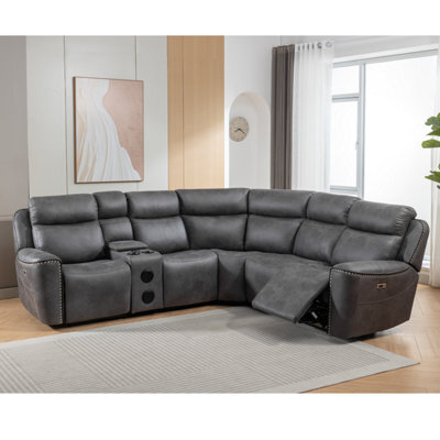 Furnishings For Less UK Techtronic Leather Like Bluetooth + Speakers Electric Reclining Corner Sofa With Console - image 1