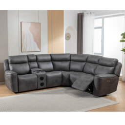 Furnishings For Less UK Techtronic Leather Like Bluetooth + Speakers Electric Reclining Corner Sofa With Console - thumbnail 1