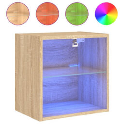 Berkfield Bedside Cabinet With Led Lights Wall-Mounted Sonoma Oak - thumbnail 2
