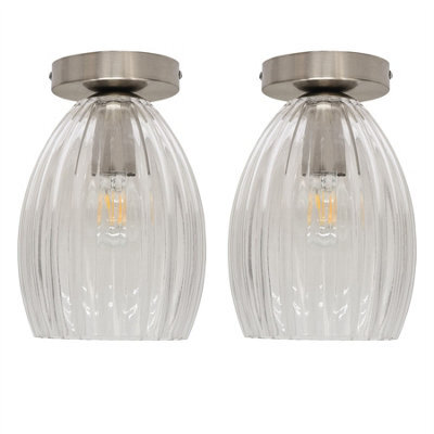 First Choice Lighting Set Of 2 Birch - Fluted Glass Satin Nickel Ceiling Light Fittings