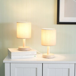 ValueLights Set Of 2 - Nelly Natural Wood Base Bedside Table Lamps With Natural Fabric Shade - Led Bulbs Included